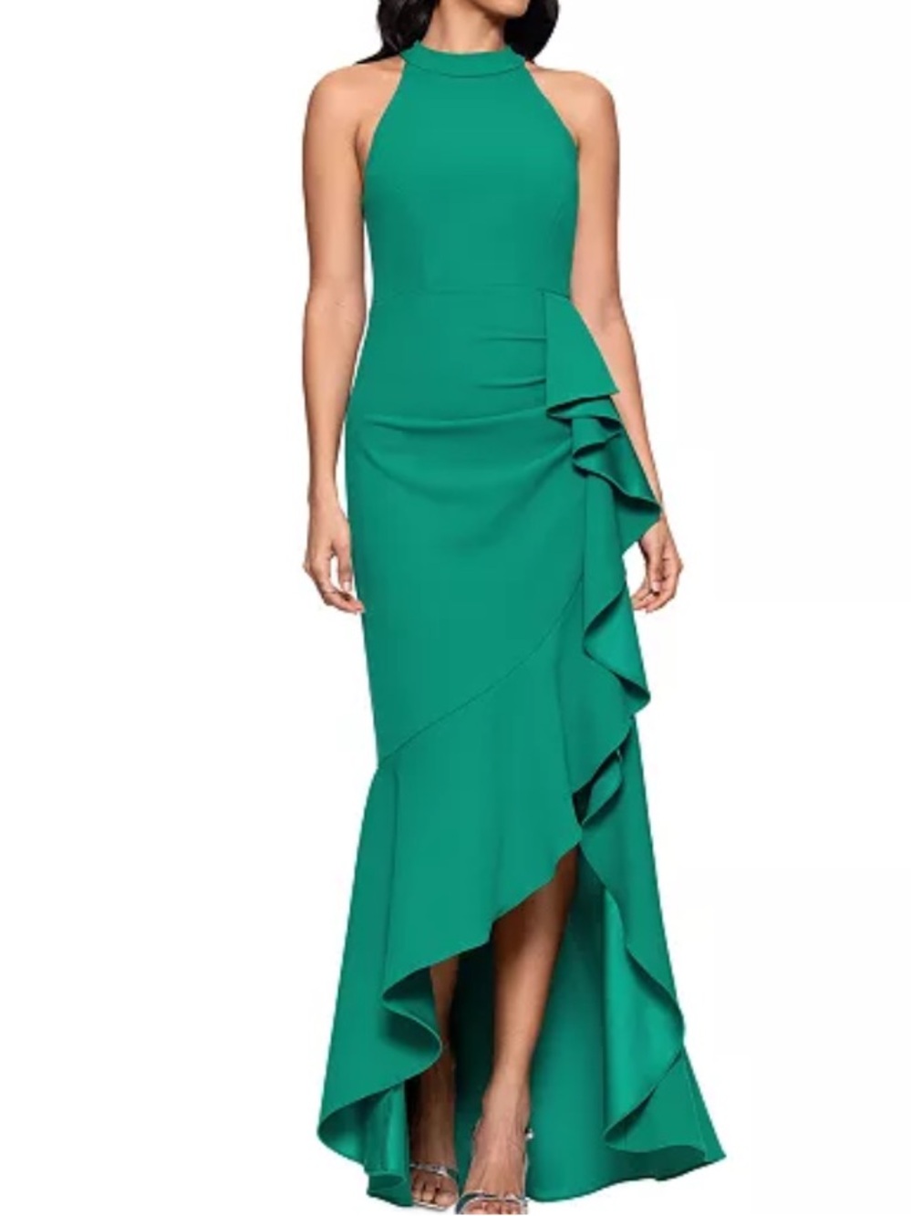 Betsy‎ & Adam Ruffled High-Low Halter Neck Gown Green Size 2 NWT